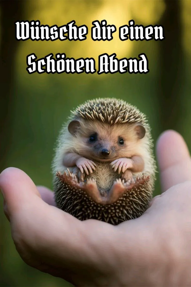 Ein niedlicher kleiner Igel sitzt friedlich und zusammengerollt in einer menschlichen Handfläche. Der Hintergrund ist unscharf und grün.